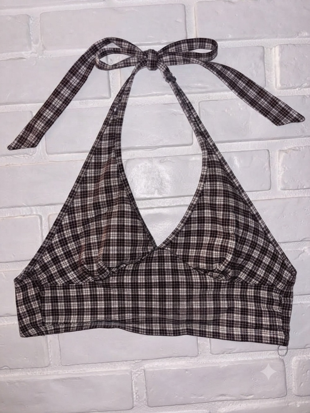 Plaid Halter Crop Top - Brown & White